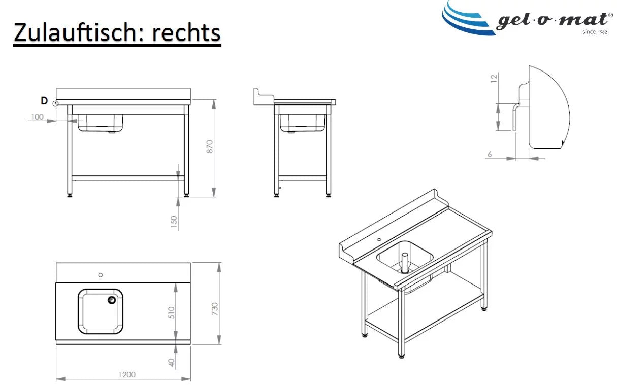 Zulauftisch links/rechts mit Becken