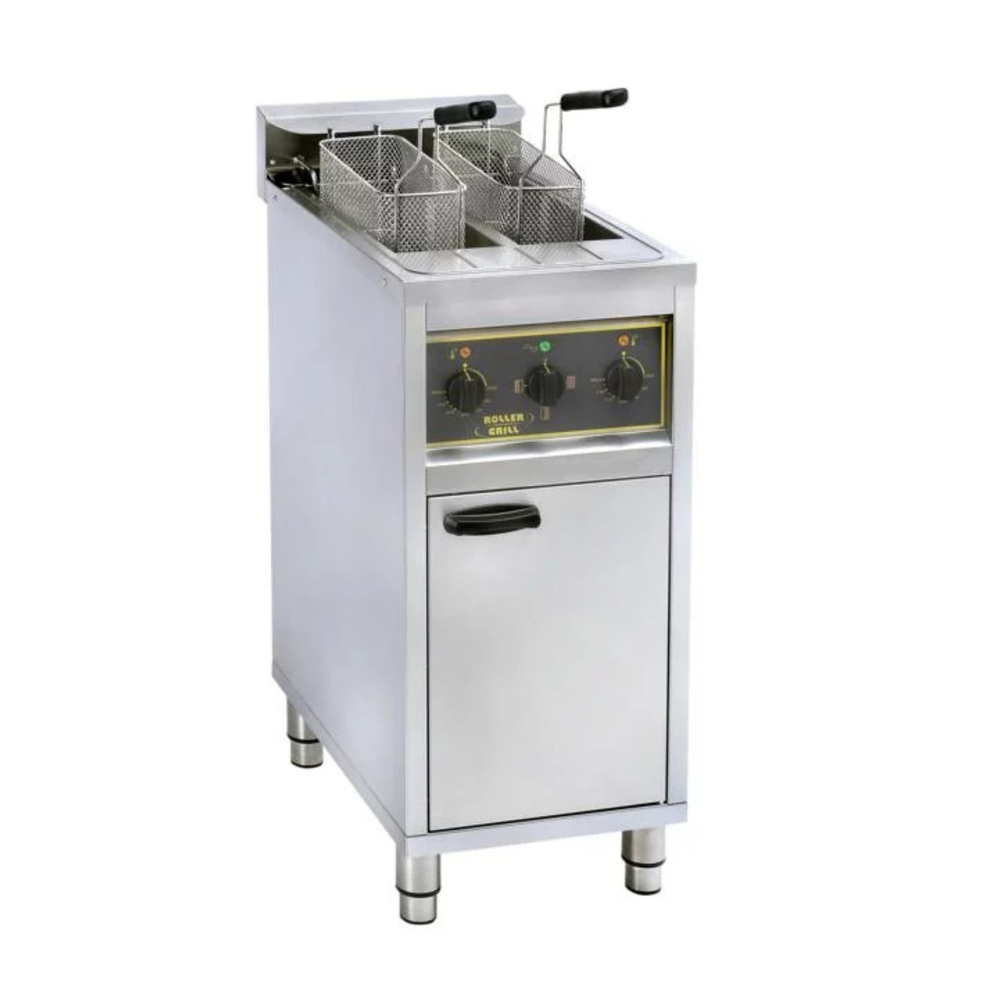 STANDFRITTEUSE 2 BECKEN A 10 LITER, ABLASSHAHN, UNTERBAU MIT FRONTTÜR ELEKTRO 2 X 6 kW RFE 20C