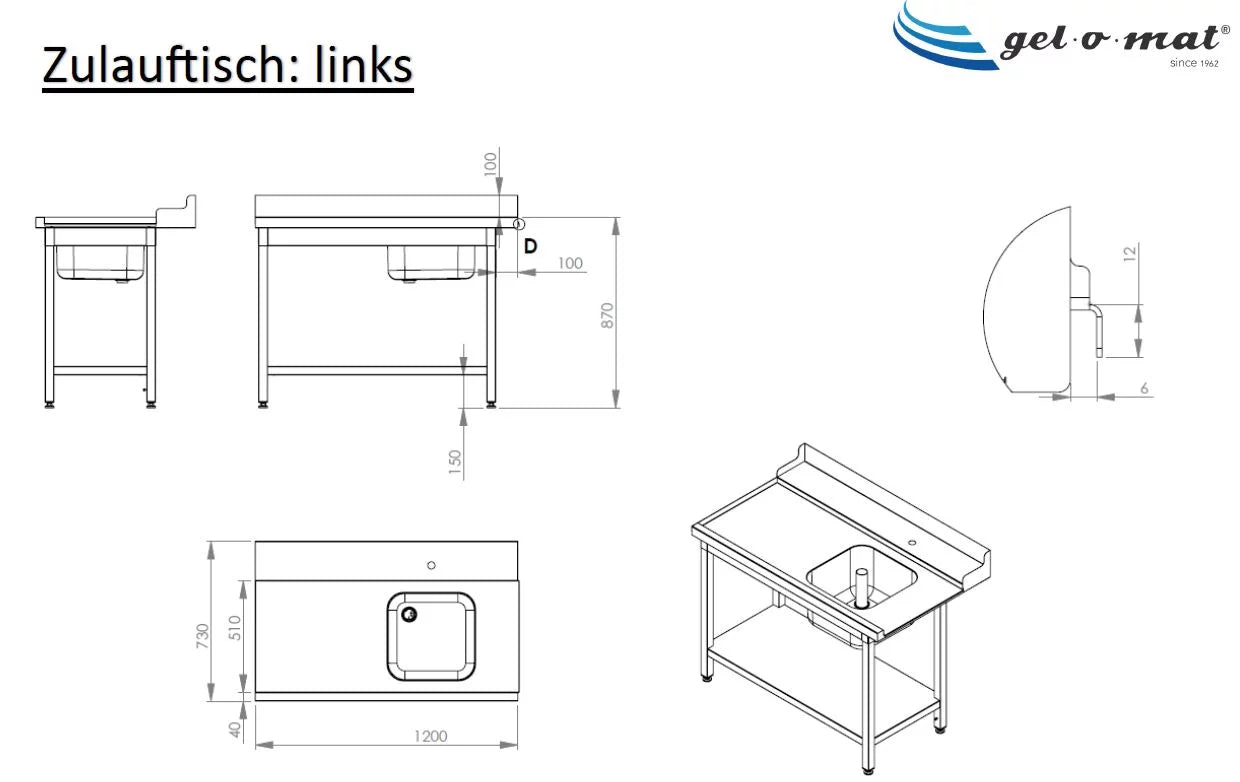 Zulauftisch links/rechts mit Becken
