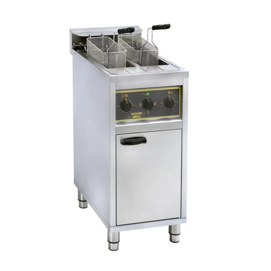 STANDFRITTEUSE 2 BECKEN A 10 LITER, ABLASSHAHN, UNTERBAU MIT FRONTTÜR ELEKTRO 2 X 6 kW RFE 20C